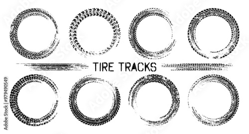 Grunge circle tire tracks, wheel braking marks. Truck, car or motorcycle tread pattern silhouettes. Auto race, motorsport, speed racing design element. Vector illustration