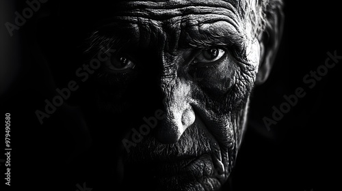 Expressive Black and White Portrait of Elderly Person Showcasing Character and Life Journey