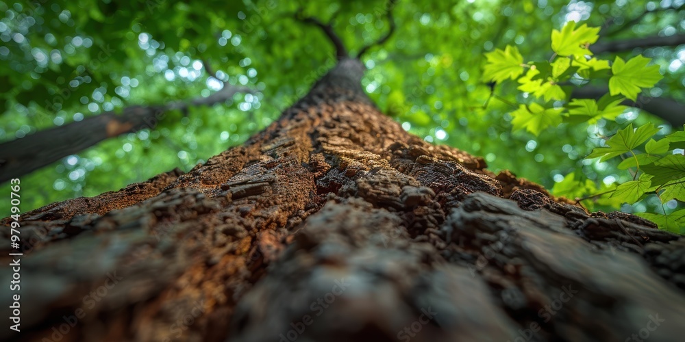 This captivating close-up image of a towering tree trunk, viewed from the base upward towards its lush green canopy, highlights the intricate bark textures and vibrant foliage thriving under natural This captivating close-up image of a towering tree trunk, viewed from the base upward towards its lush green canopy, highlights the intricate bark textures and vibrant foliage thriving under natural