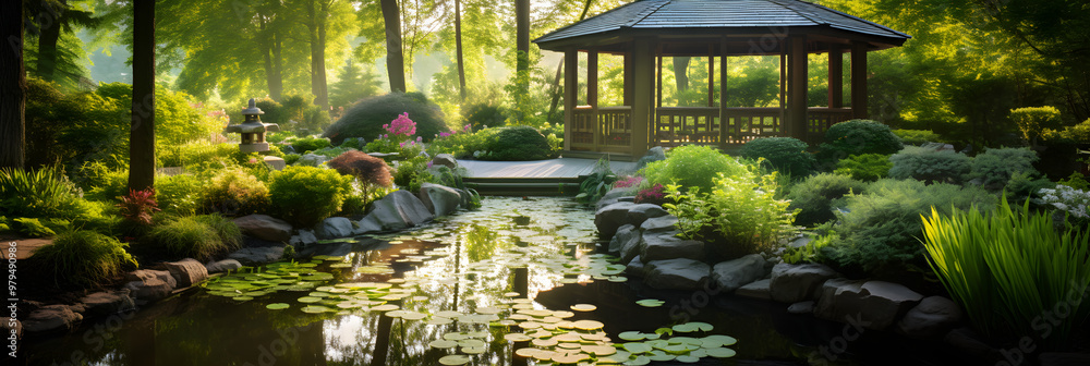 Serene Healing Garden Scene with A Lush Greenery, Tranquil Pond, and Quaint Gazebo Serene Healing Garden Scene with A Lush Greenery, Tranquil Pond, and Quaint Gazebo