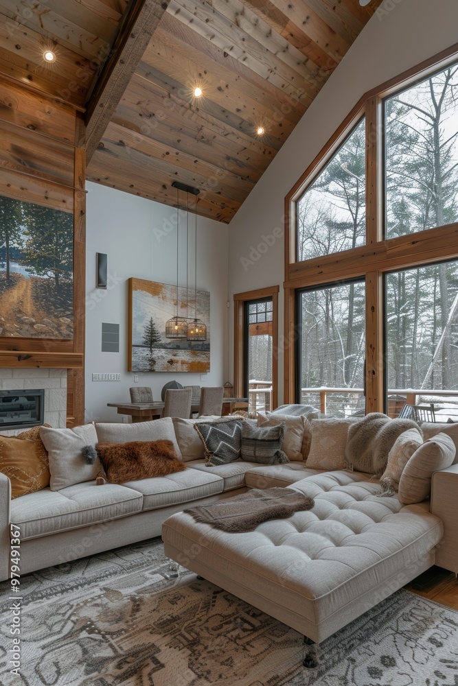 Spacious cozy living room with large windows, modern decor, and wooden accents showcasing the beauty of nature on a snowy day Spacious cozy living room with large windows, modern decor, and wooden accents showcasing the beauty of nature on a snowy day