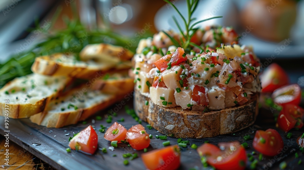 A beautifully presented plate with a gourmet bruschetta featuring diced tomatoes, mozzarella, and fresh herbs, accompanied by slices of toasted baguette and cherry tomatoes A beautifully presented plate with a gourmet bruschetta featuring diced tomatoes, mozzarella, and fresh herbs, accompanied by slices of toasted baguette and cherry tomatoes