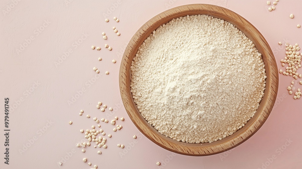 Quinoa flour on brown wooden bowl and some Quinoa seeds for baking, gluten free copy space Quinoa flour on brown wooden bowl and some Quinoa seeds for baking, gluten free copy space