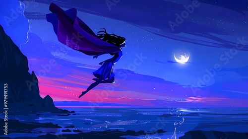 A supergirl flying over the lagoon beach, long black curly hair, dream, serenity, wonderful, night, deep blue purple colors, Generative AI illustrations.  photo