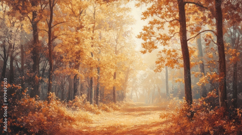 Fototapeta premium Golden-orange light filtering through autumn leaves, creating a warm, serene forest scene.