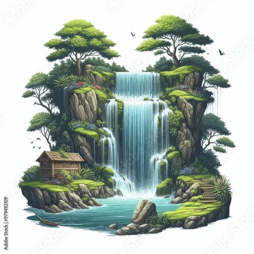 Vector of roaring waterfall in the forest