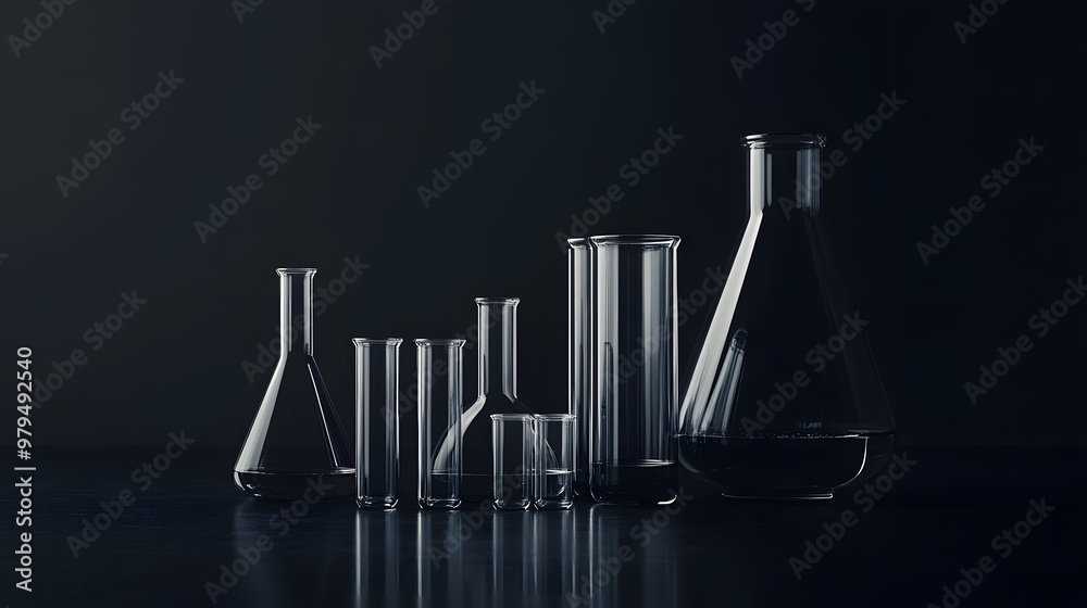 Glass beakers and cylinders on a black surface Glass beakers and cylinders on a black surface