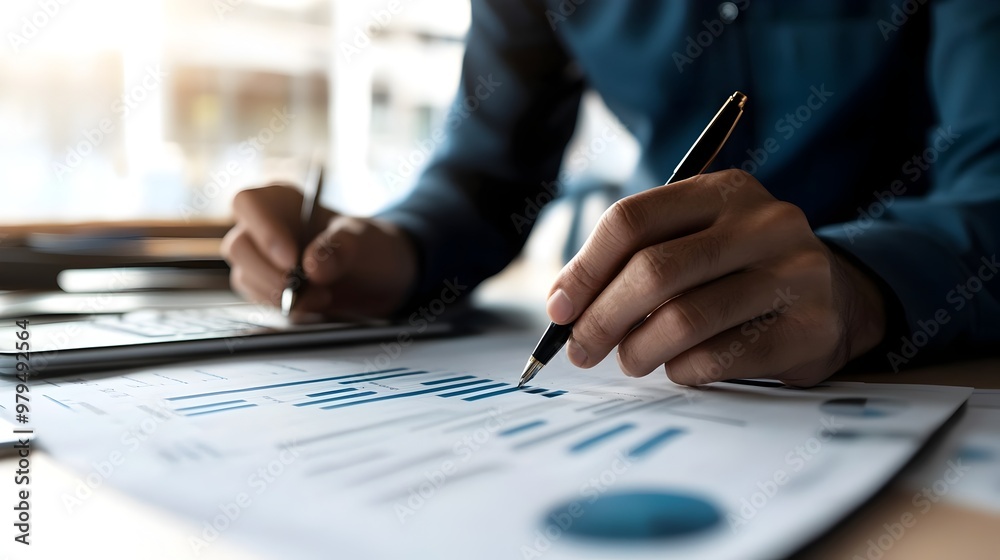 Businessman Analyzing Financial Data and Metrics on Documents Businessman Analyzing Financial Data and Metrics on Documents