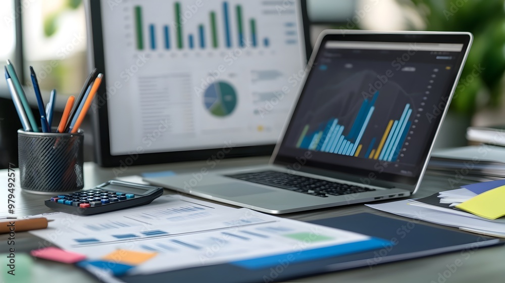 Laptop on Desk with Financial Data Analysis Dashboard and Charts Laptop on Desk with Financial Data Analysis Dashboard and Charts