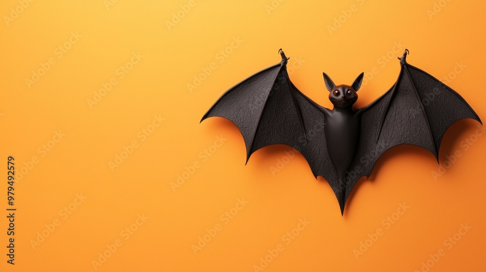 Fototapeta premium Halloween bat with moon, minimal backdrop, 3D illustration on orange background with space for text