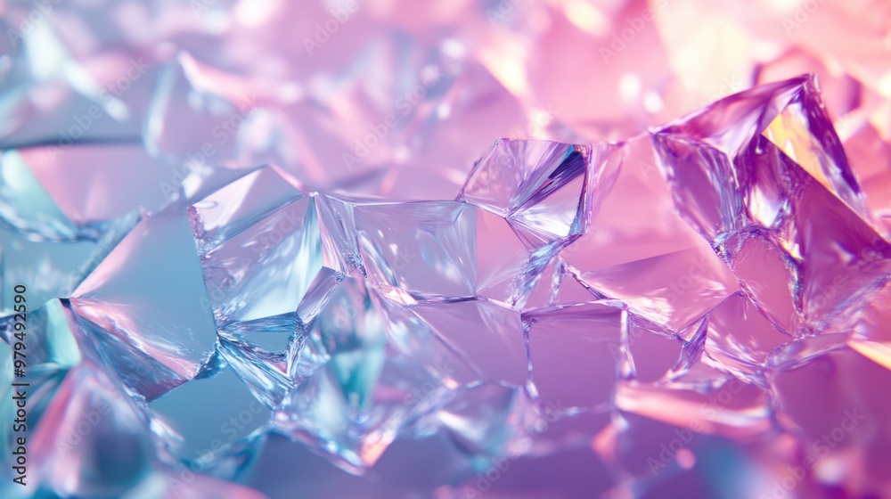 Abstract geometric crystal structures with vibrant lighting in pink and blue hues