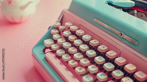 Top view a cute cozy retro typewriter from the 1960s in pastel colors, instead of letters emoji, Generative AI illustrations.  photo