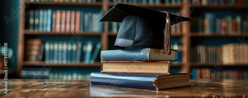 Stack of academic books with a graduates hat on top, placed on a wooden table with a bookshelf in the background