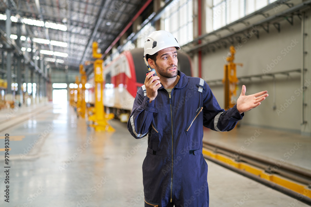 Technician or worker talking about work on walkie talkie at construction train station Technician or worker talking about work on walkie talkie at construction train station