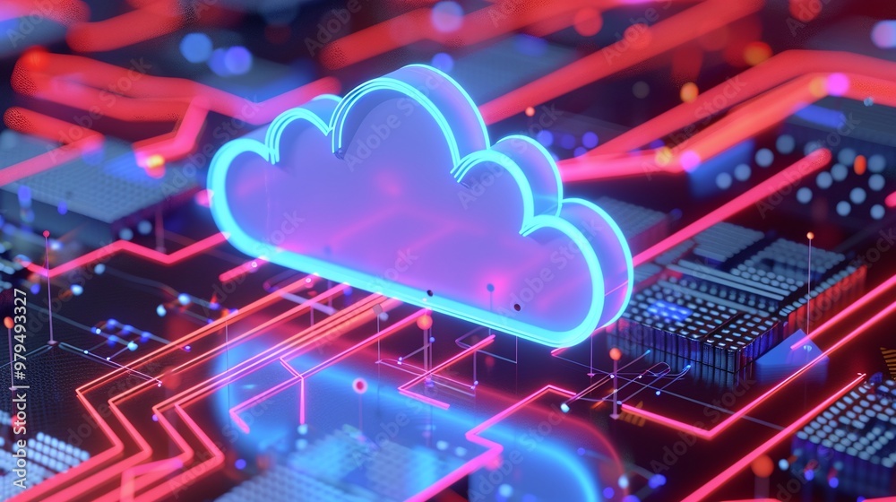 Futuristic cloud computing concept with neon lights showcasing technology and connectivity in a digital landscape. Futuristic cloud computing concept with neon lights showcasing technology and connectivity in a digital landscape.