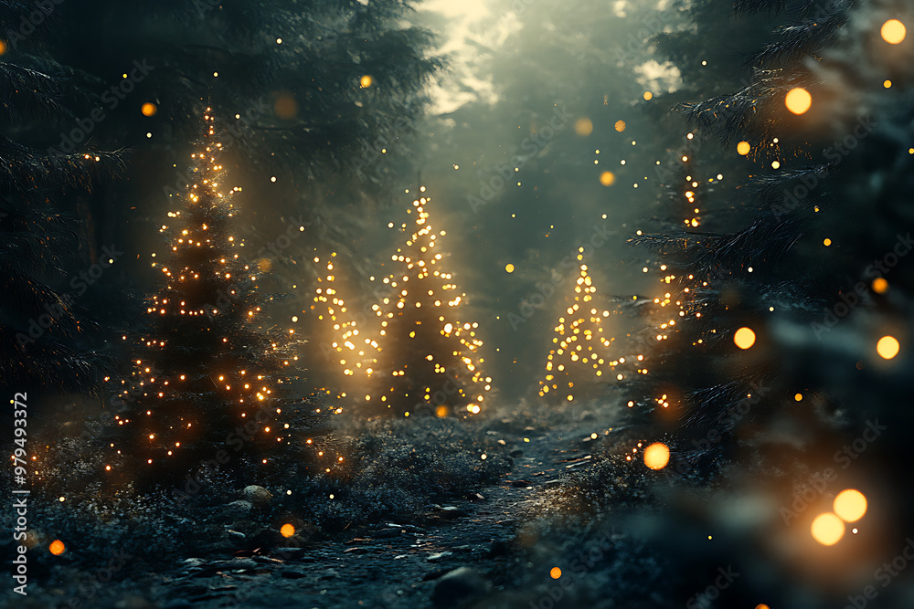 Naklejka premium A serene forest scene with glowing Christmas trees and soft lighting.