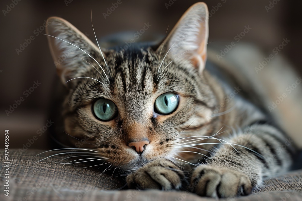 An adorable domestic tabby cat lying on a couch, with striking blue-green eyes and a focused, attentive gaze, highlighting its detailed fur pattern and relaxed posture in a home setting An adorable domestic tabby cat lying on a couch, with striking blue-green eyes and a focused, attentive gaze, highlighting its detailed fur pattern and relaxed posture in a home setting