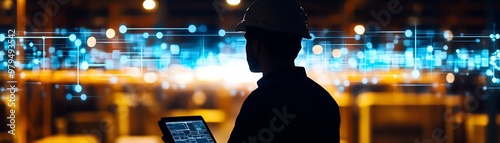Silhouette of a worker using a tablet in a modern industrial setting with glowing data visualization elements in the background.
