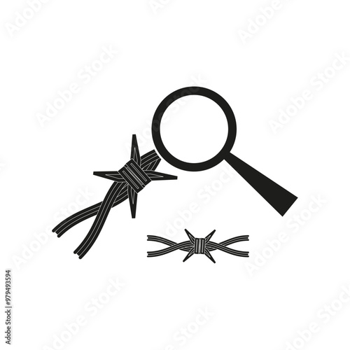 Barbed wire and magnifying glass. Conflict and surveillance concept. Security focus symbol. Black vector icon.