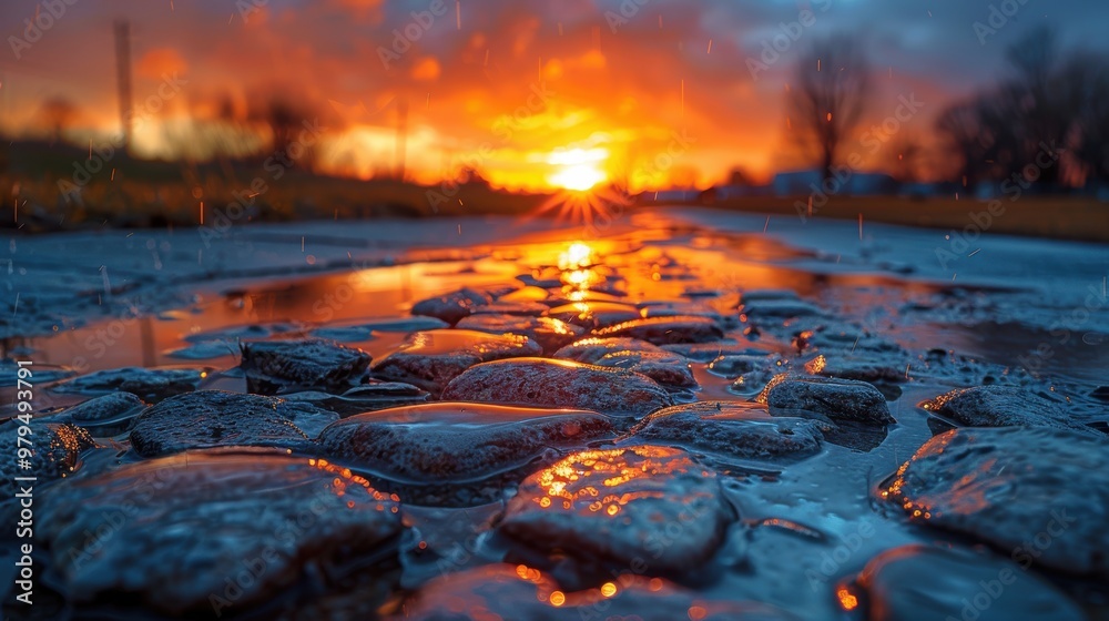 A stunning close-up view of a wet, rocky pathway reflecting the brilliant, warm colors of the setting sun on a picturesque evening through a cloudy sky A stunning close-up view of a wet, rocky pathway reflecting the brilliant, warm colors of the setting sun on a picturesque evening through a cloudy sky