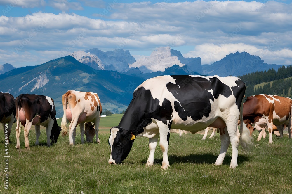 Herd of cows grazes lush meadow, black and white Holstein in foreground, mountains beyond Herd of cows grazes lush meadow, black and white Holstein in foreground, mountains beyond
