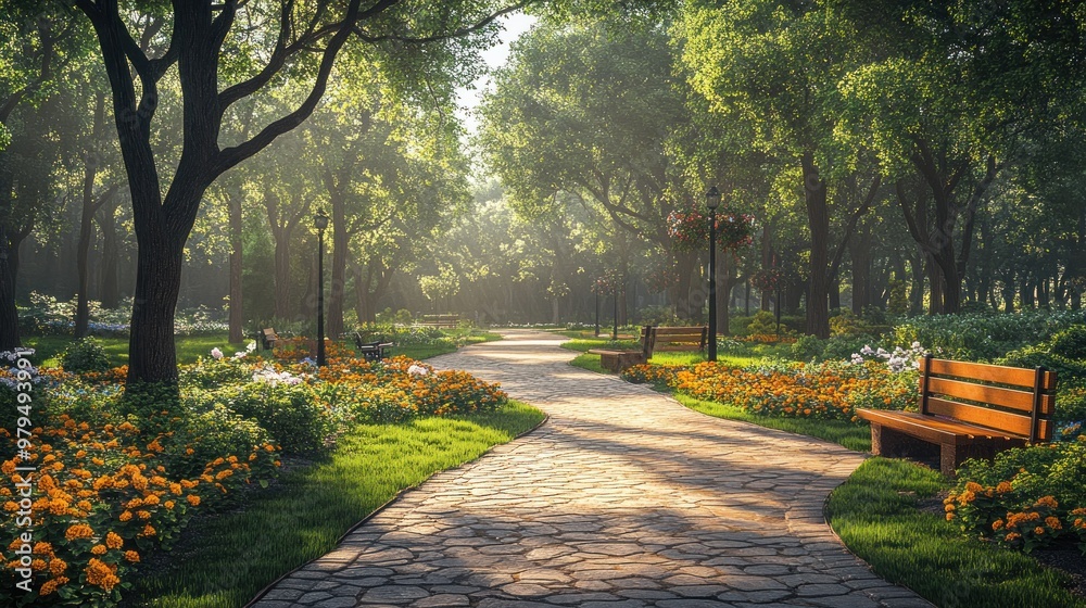 Fototapeta premium Serene park pathway lined with flowers and benches.