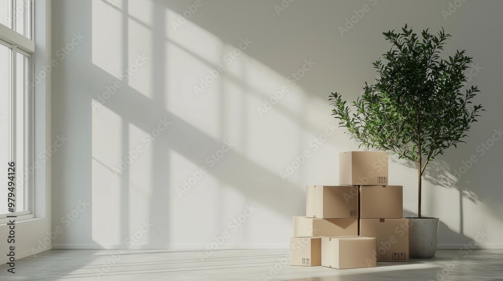 Interior of clean modern light living room with stacked cardboard boxes and green plant standing by wall in new house or apartment with no people. Moving, relocation, removal, transportation concept Interior of clean modern light living room with stacked cardboard boxes and green plant standing by wall in new house or apartment with no people. Moving, relocation, removal, transportation concept