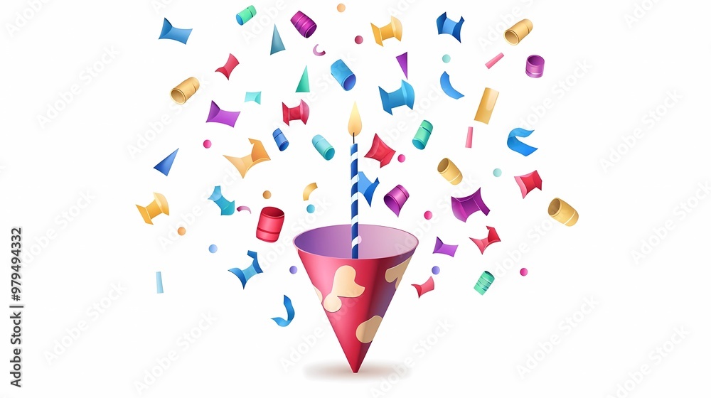 A 3d icon party popper, cartoon emoji of birthday confetti explosion, simple minimal illustration isolated on white background, Generative AI illustrations. 