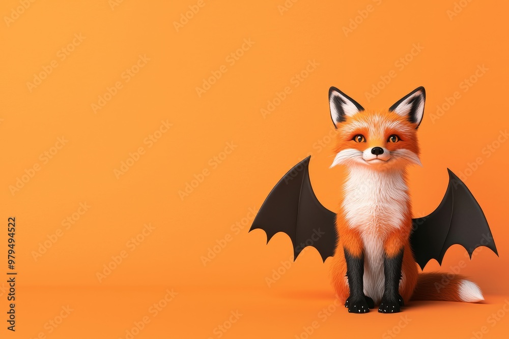 Obraz premium Adorable fox with bat wings, minimalist Halloween, 3D illustration on orange background