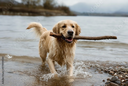 A retriever happily trots through water, carrying a stick in its mouth, enjoying playtime at the lakeside under a gray sky