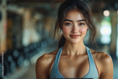 A smiling young woman in athletic wear, exuding confidence and positivity during her workout at the gym, representing a healthy and active lifestyle. Free Download A smiling young woman in athletic wear, exuding confidence and positivity during her workout at the gym, representing a healthy and active lifestyle. - GFXLoad