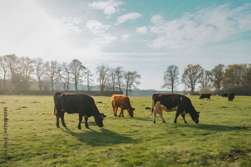 Green pasture with black and brown cows grazing under bright sky, trees and scattered clouds Green pasture with black and brown cows grazing under bright sky, trees and scattered clouds