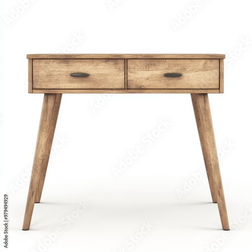 On a white background, a wooden desk designed for a home office.