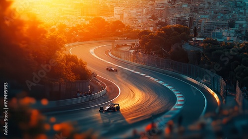 Formula one cars racing on a street circuit at sunset