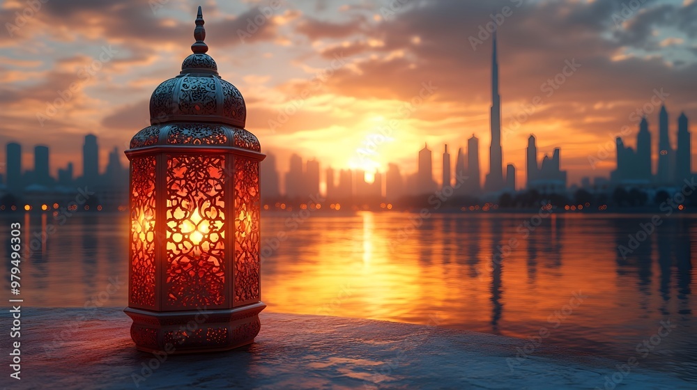 Magnificent Middle Eastern Sunset Skyline with Ornate Illuminated Mosque Dome Magnificent Middle Eastern Sunset Skyline with Ornate Illuminated Mosque Dome