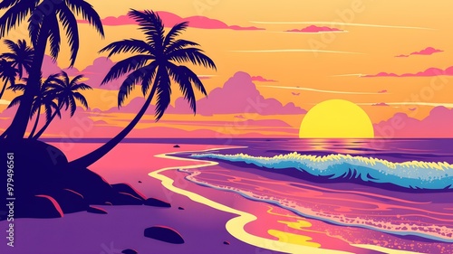 A stylized vector of a tropical beach scene with palm trees, waves, and a sunset