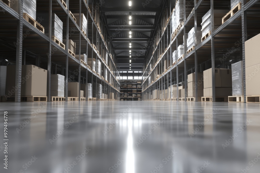 Modern 3d render of a spacious empty warehouse featuring high shelves and glossy reflective floor Modern 3d render of a spacious empty warehouse featuring high shelves and glossy reflective floor