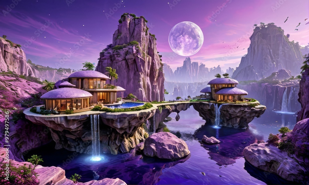 Floating Luxury Villa on a Purple Waterfall Planet Floating Luxury Villa on a Purple Waterfall Planet