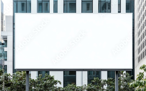 A blank billboard in front of modern buildings, ideal for advertising opportunities or creative concepts.