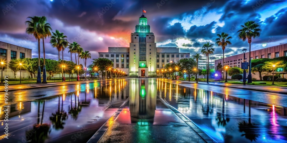 Obraz premium Surreal and futuristic nighttime photo of the Inglewood City Hall building with neon lights reflected in a wet pavement under a dark moody sky.