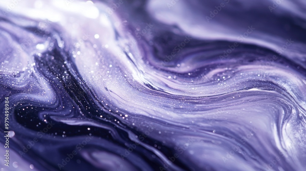 Abstract purple and white swirling paint texture with glitter accents