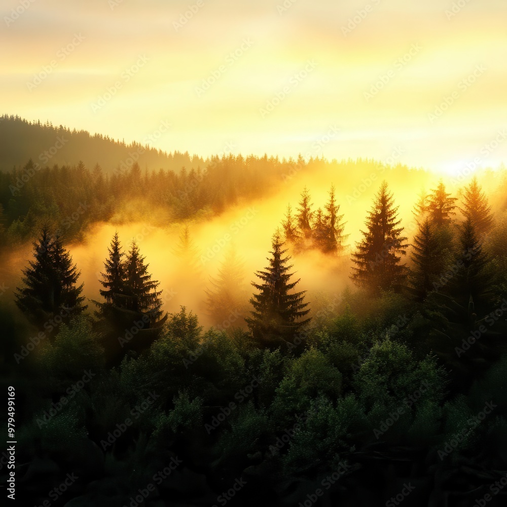 A mist-covered forest at dawn A mist-covered forest at dawn