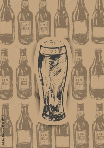 Vector beer illustration set. Beer bottles bsckground and high beer glass