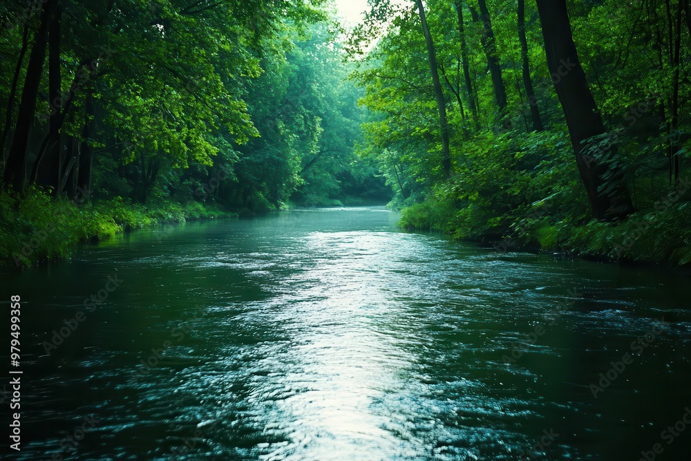 Fototapeta premium A serene river flowing through a dense forest at dusk