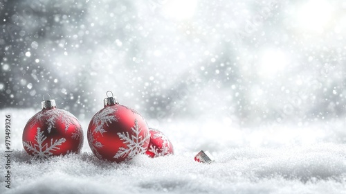 Symmetrical snowy backdrop with red ornaments and snowflakes for elegant product photography