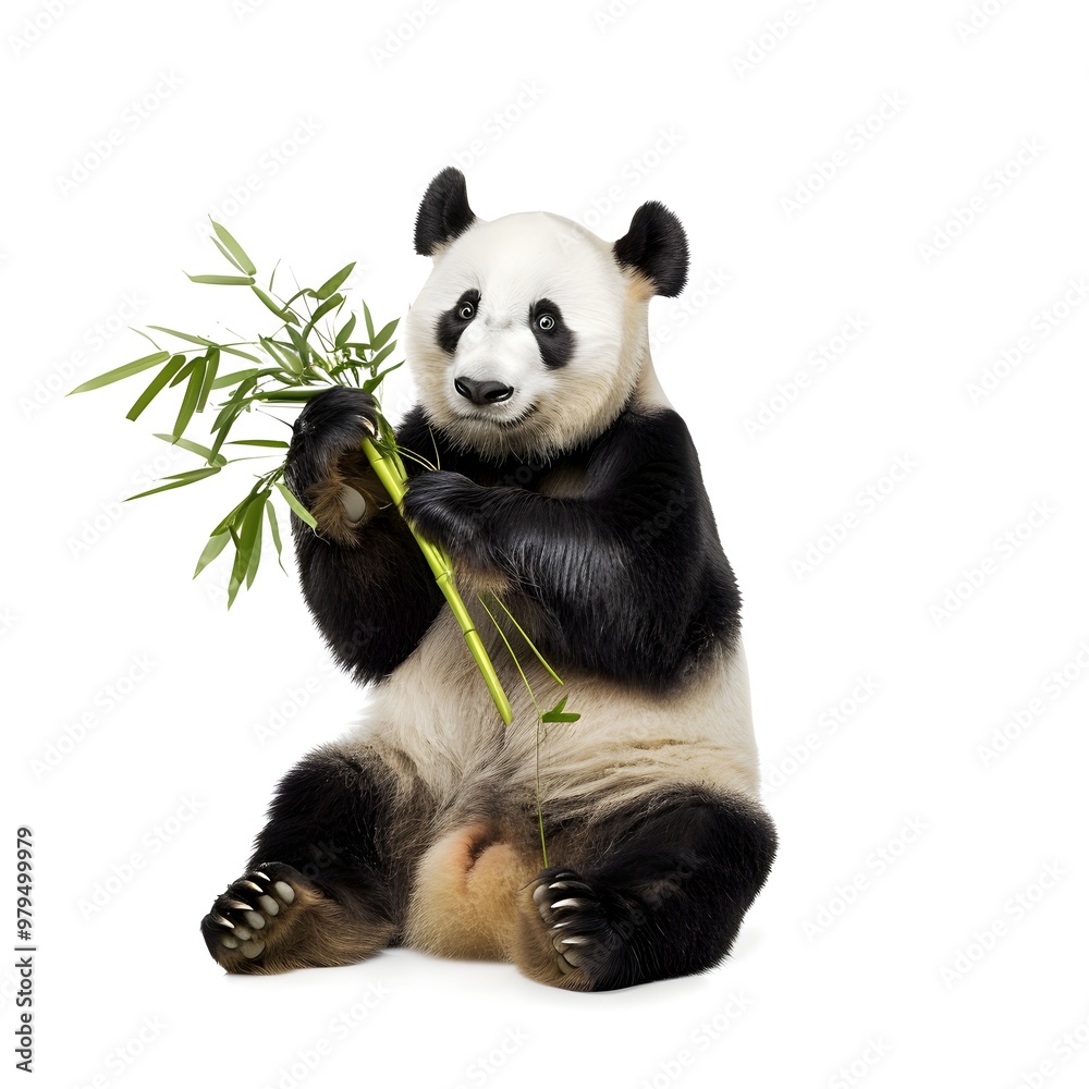 Naklejka premium Full-Body Shot of a Panda Sitting Upright, Holding Bamboo with Both Paws