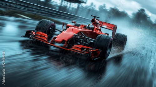 Red formula one car speeding on wet track during rainy day