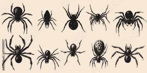 A creepy Halloween design featuring dark silhouettes of spiders on a beige backdrop photo