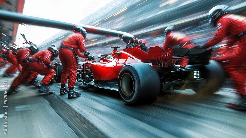 Naklejka premium Formula one pit crew performing extremely fast pit stop during race