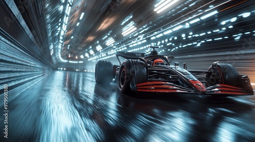 Formula 1 race car speeding in tunnel on wet track